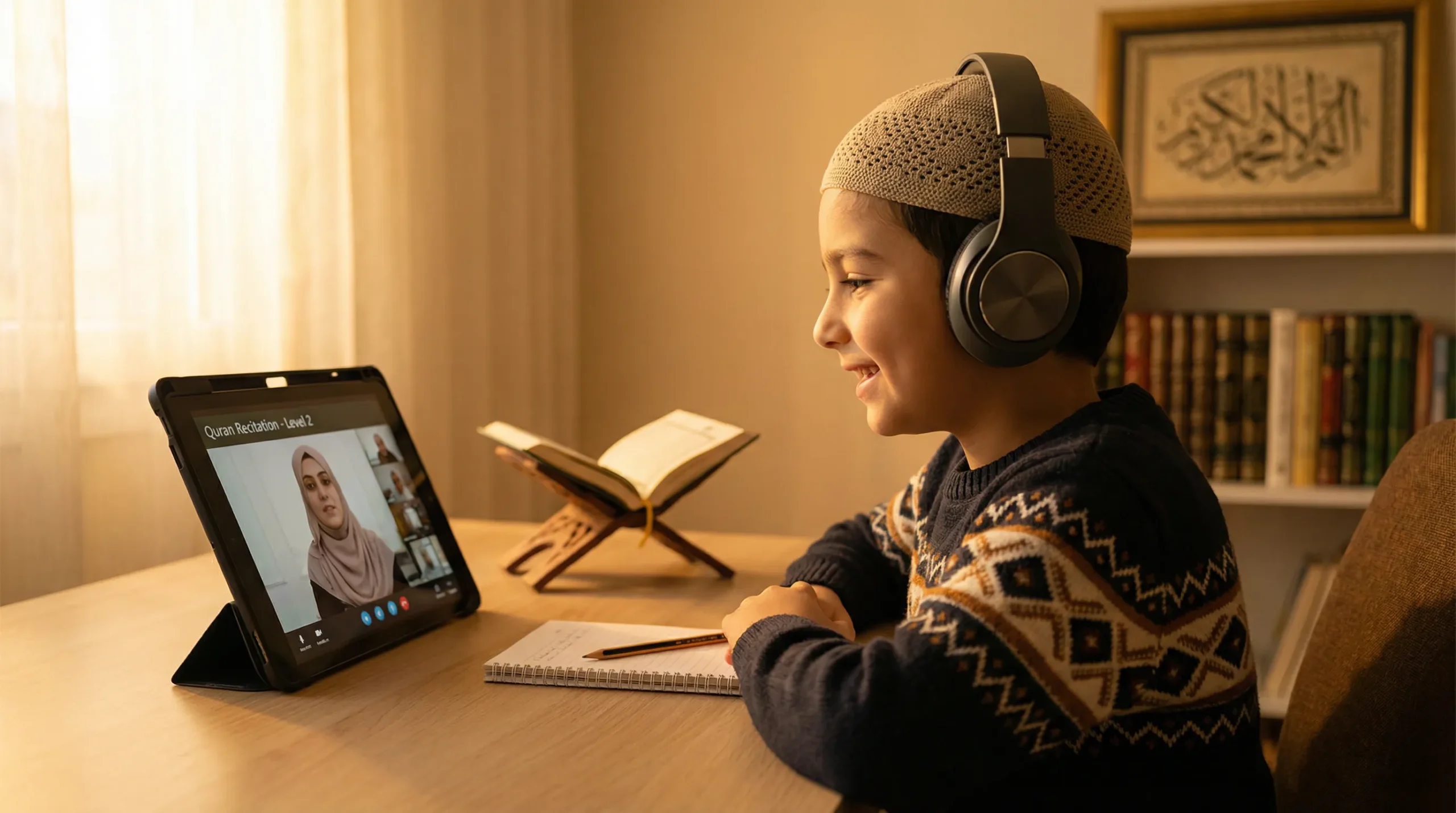 Child engaged in online Islamic school for kids lesson, learning Quran recitation with a qualified teacher via tablet at home