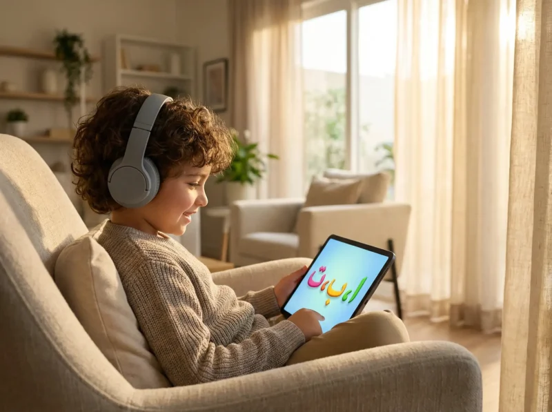 Arabic online for kids - child learning Arabic letters on tablet with headphones at home