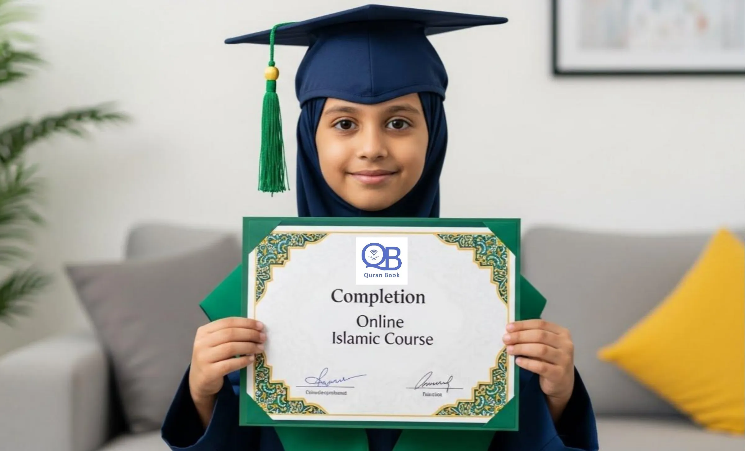 Proud child holding completion certificate from online Islamic courses with certificates program
