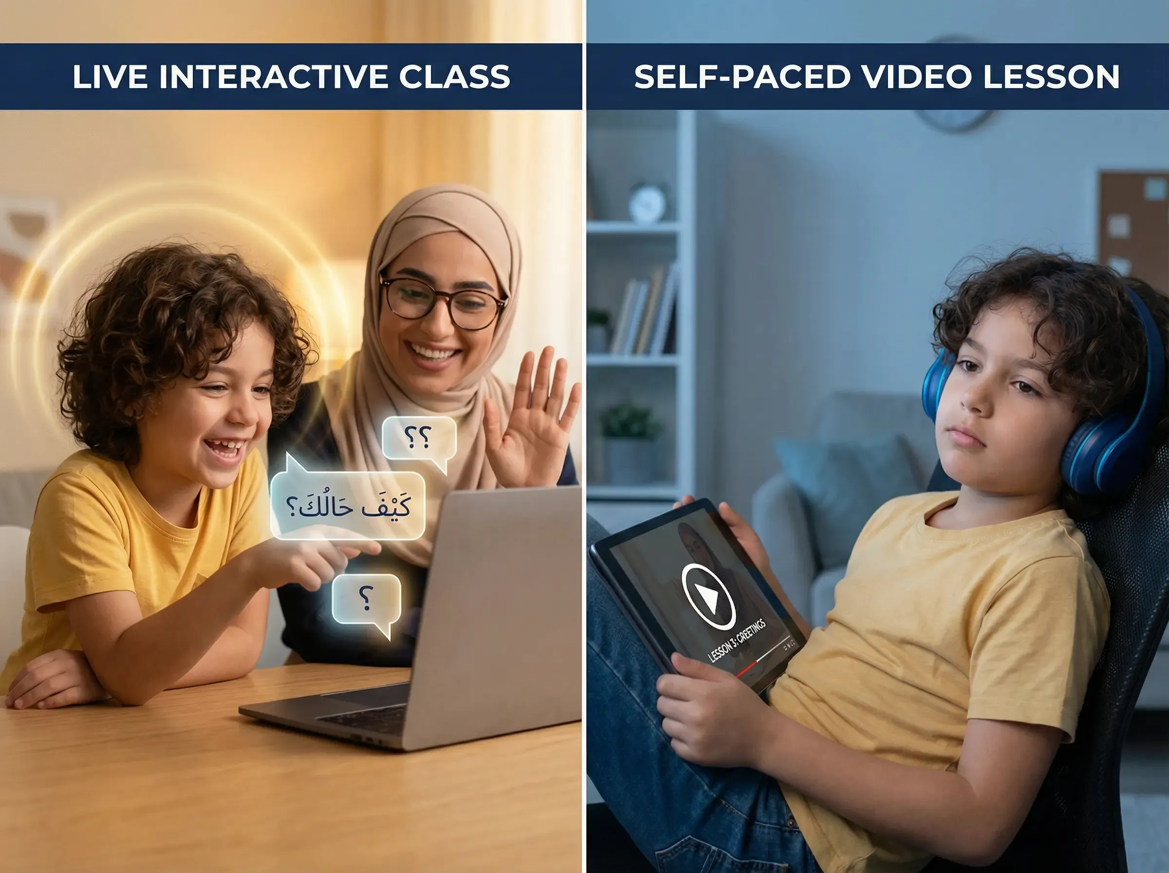 Conversational Arabic classes online - comparison showing live interactive classes versus self-paced video learning