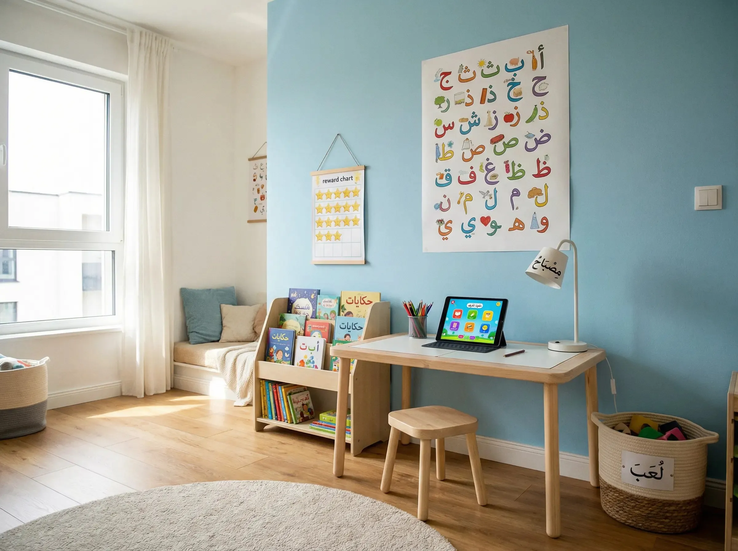 Arabic for kids learn and play - dedicated home learning corner with Arabic posters books and materials