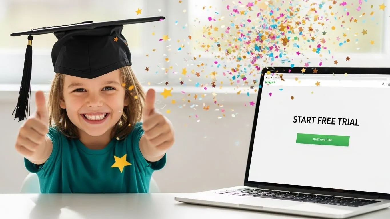 Learn Arabic language online free - excited child ready to start free trial Arabic class with thumbs up