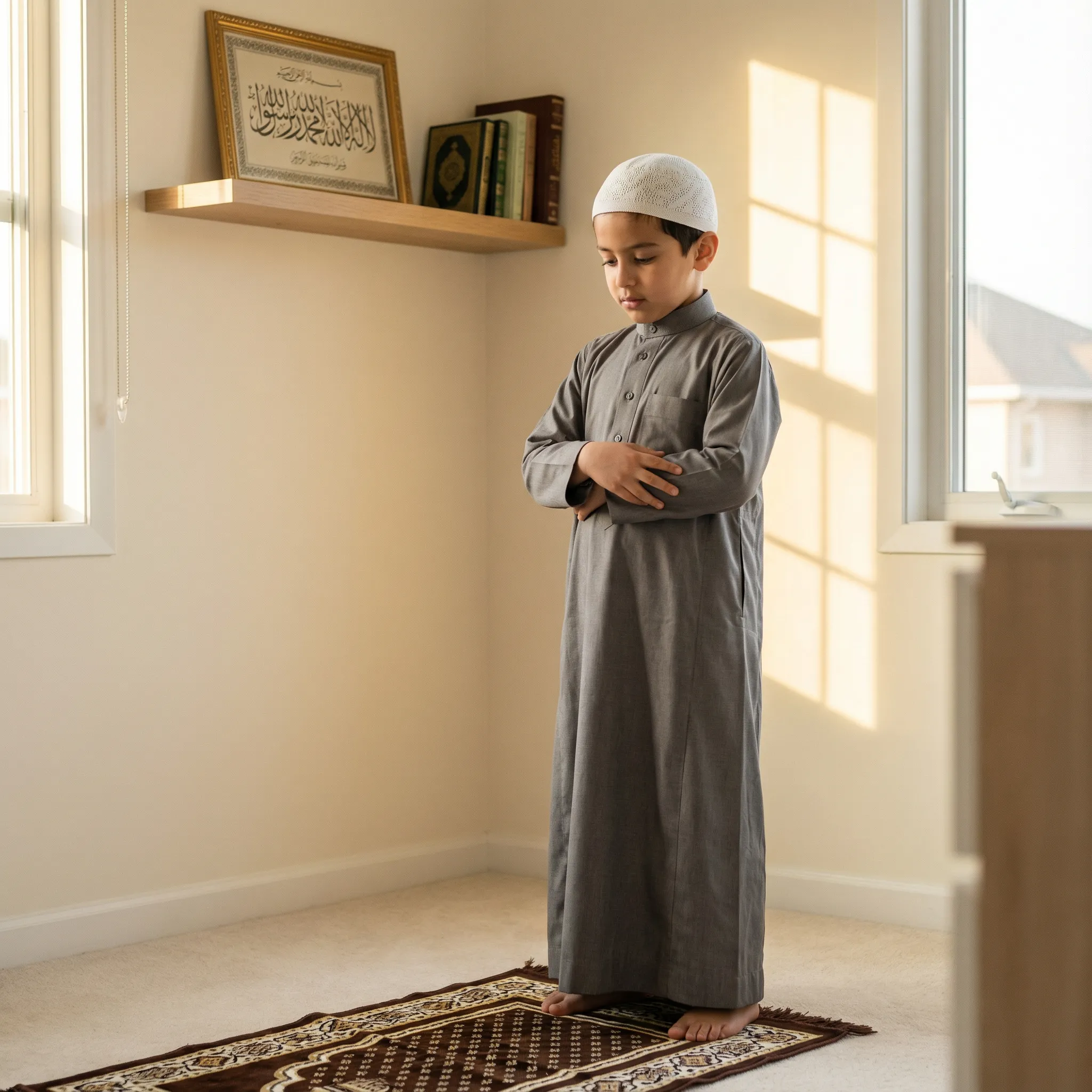 Young Muslim child praying confidently showing benefits of early fiqh for kids education