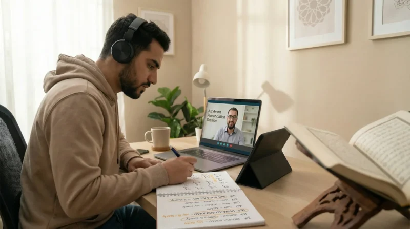 Juz Amma learning - Non-Arabic speaker practicing Quran pronunciation with teacher
