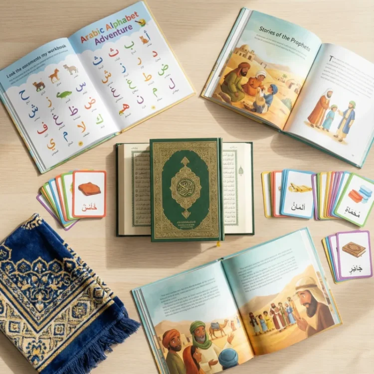 Islamic studies course materials including Quran, Arabic alphabet book, and colorful educational resources for best online Islamic classes for kids