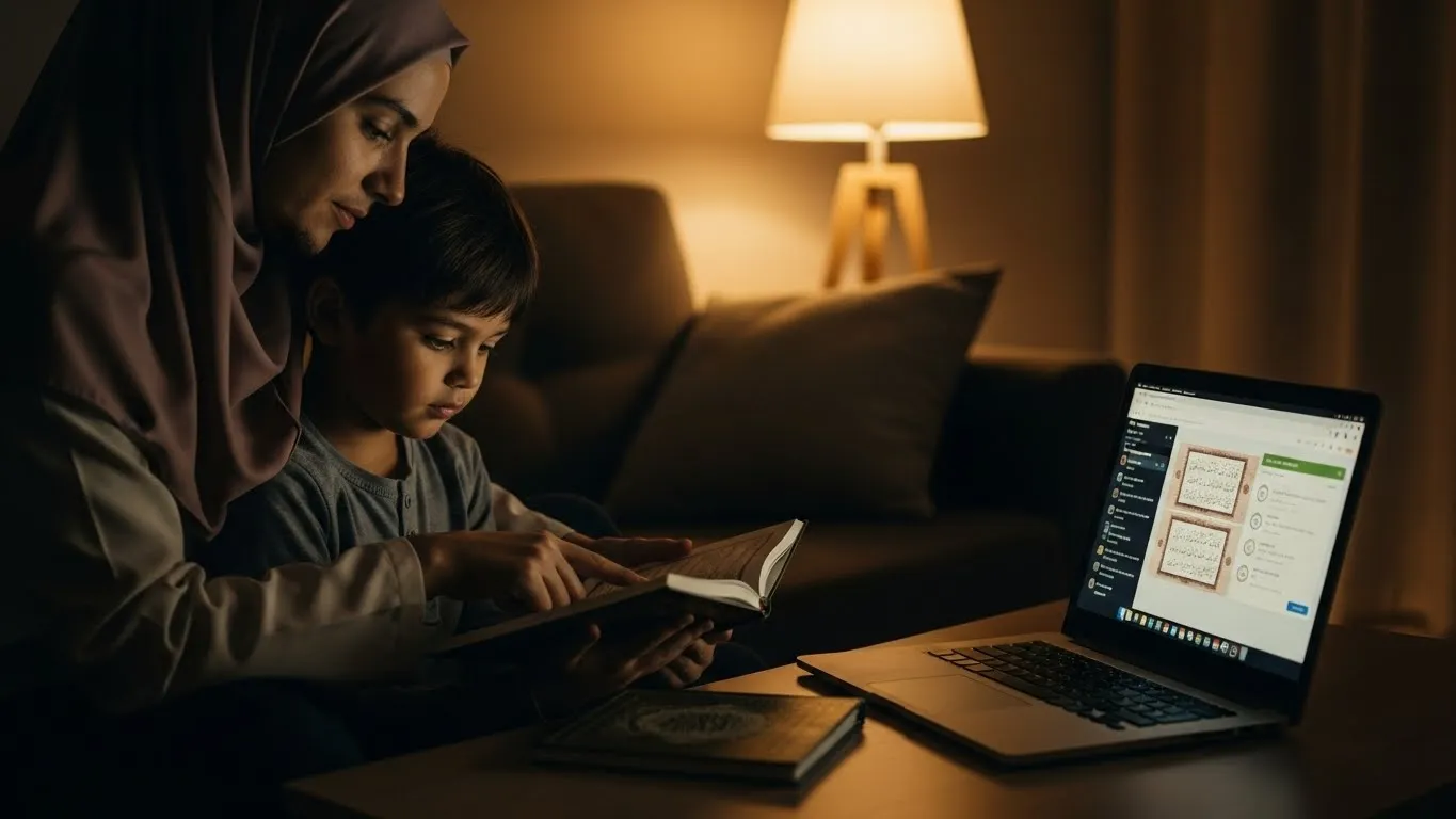 Learn Quranic Arabic for kids - Muslim family reading Quran together building religious connection