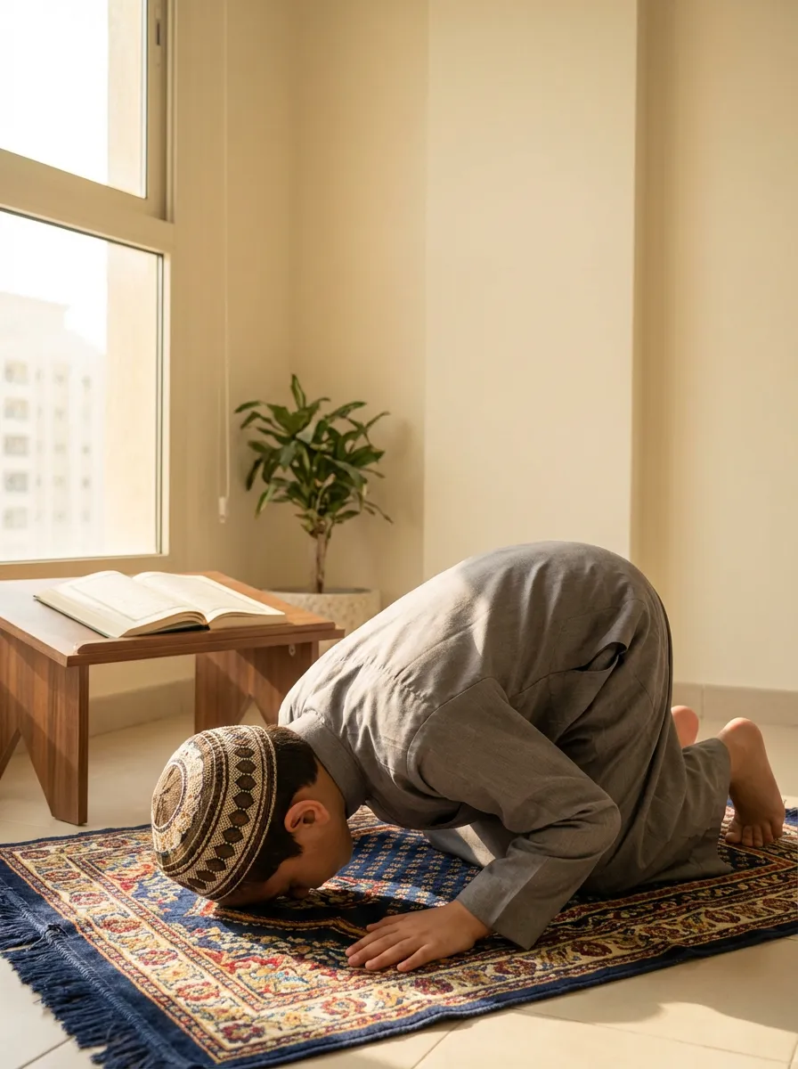 Young Muslim child practicing Salah positions learned through best online Islamic classes for kids, demonstrating proper prayer posture