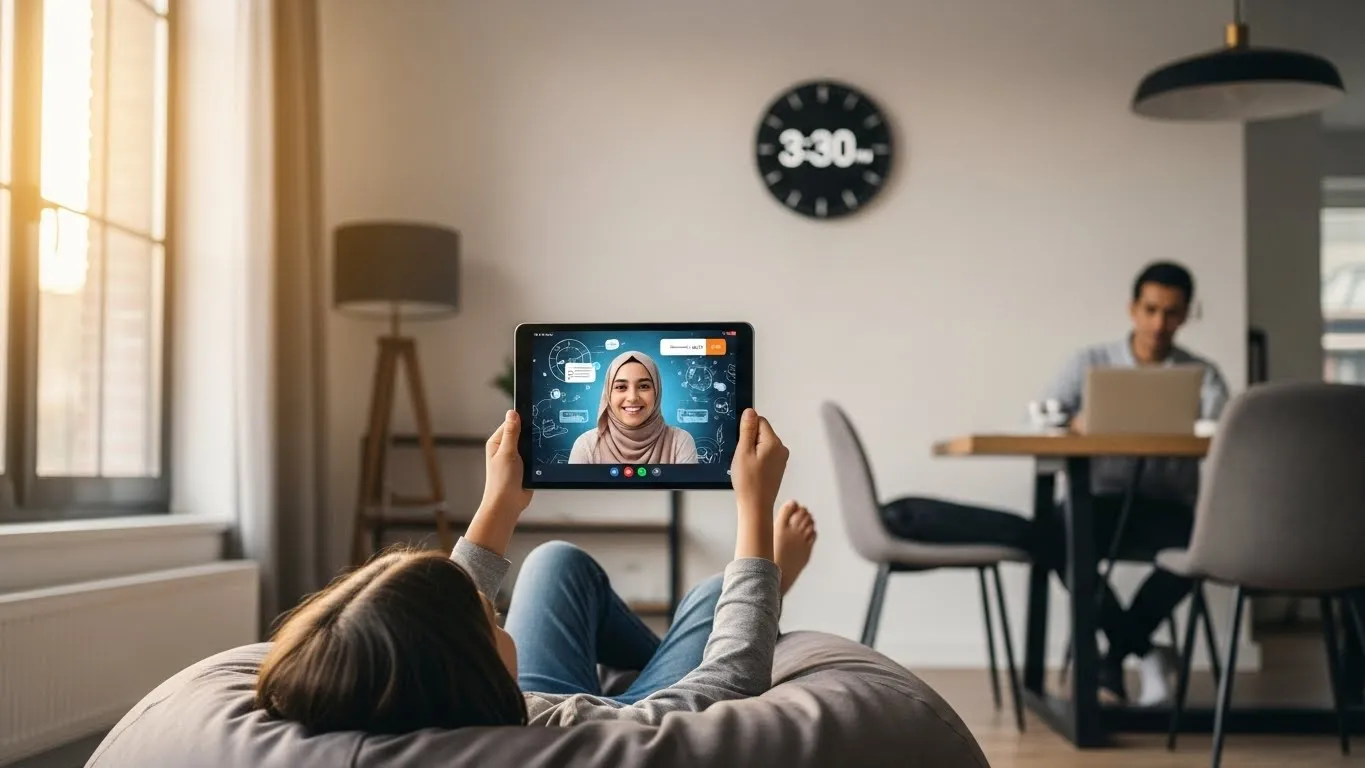 Arabic online school - child enjoying flexible online Arabic classes from comfortable home setting