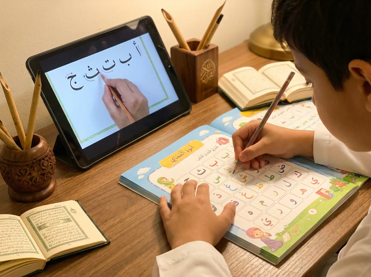Child practicing Arabic calligraphy and letter formation during Islamic classes online, building foundation for Quran reading