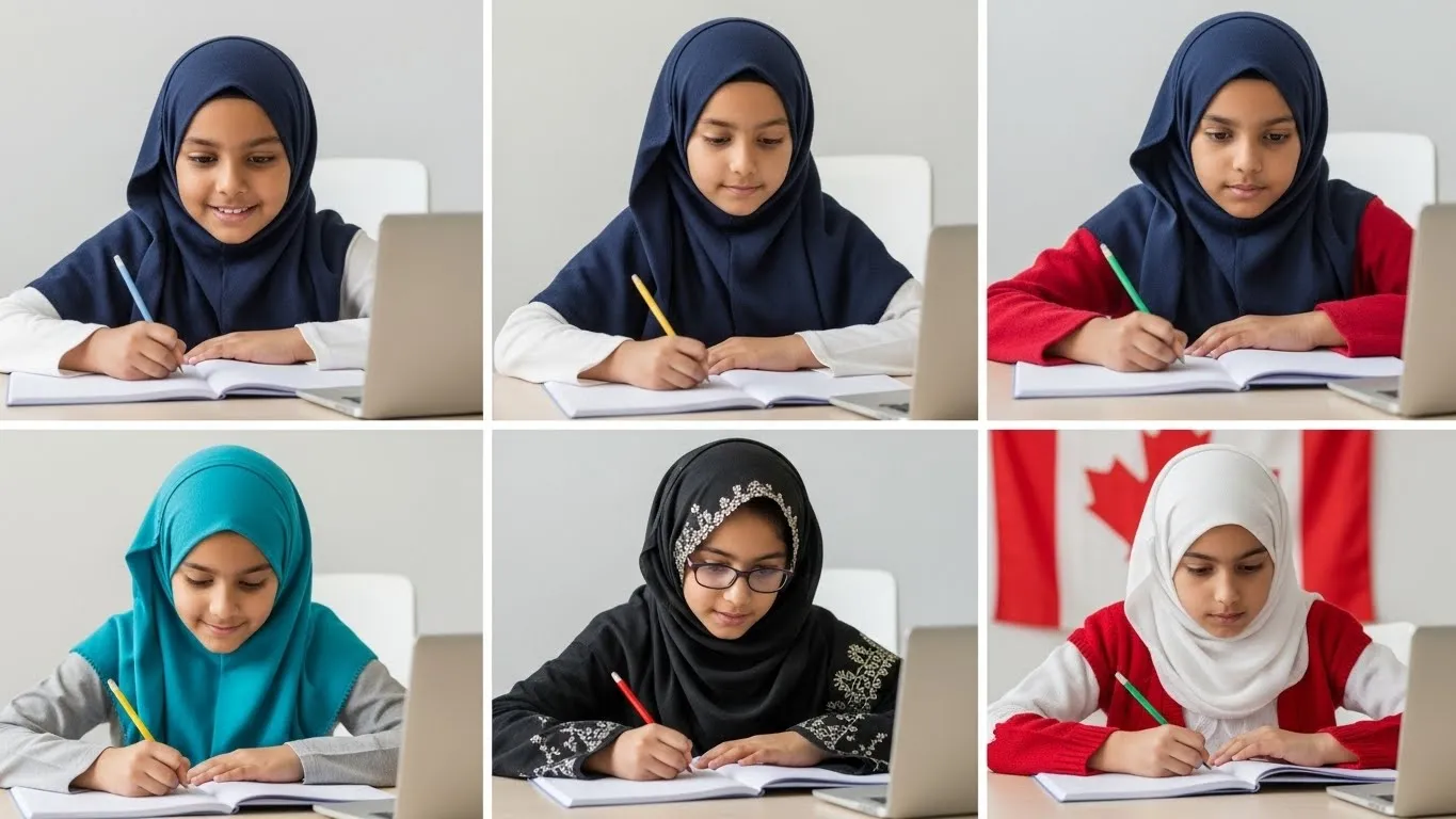Diverse Muslim children from USA, UK, and Canada connected through online Islamic school for kids, representing global ummah