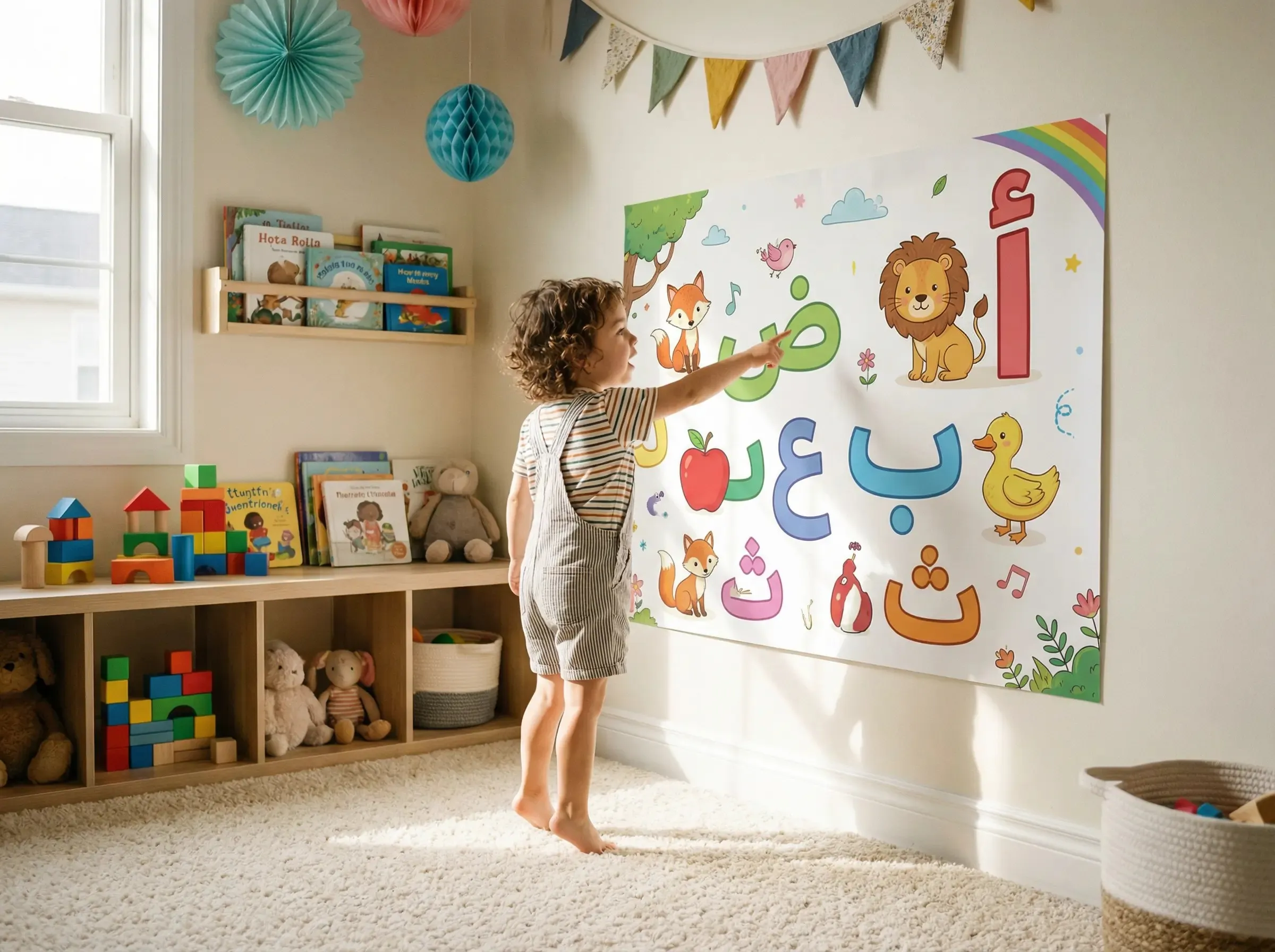 Best age to learn Arabic - young child ages 3-7 pointing at colorful Arabic alphabet poster