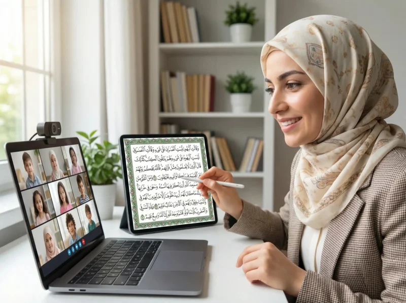 Qualified female teacher conducting online Islamic lessons for kids through video conference, demonstrating Tajweed pronunciation