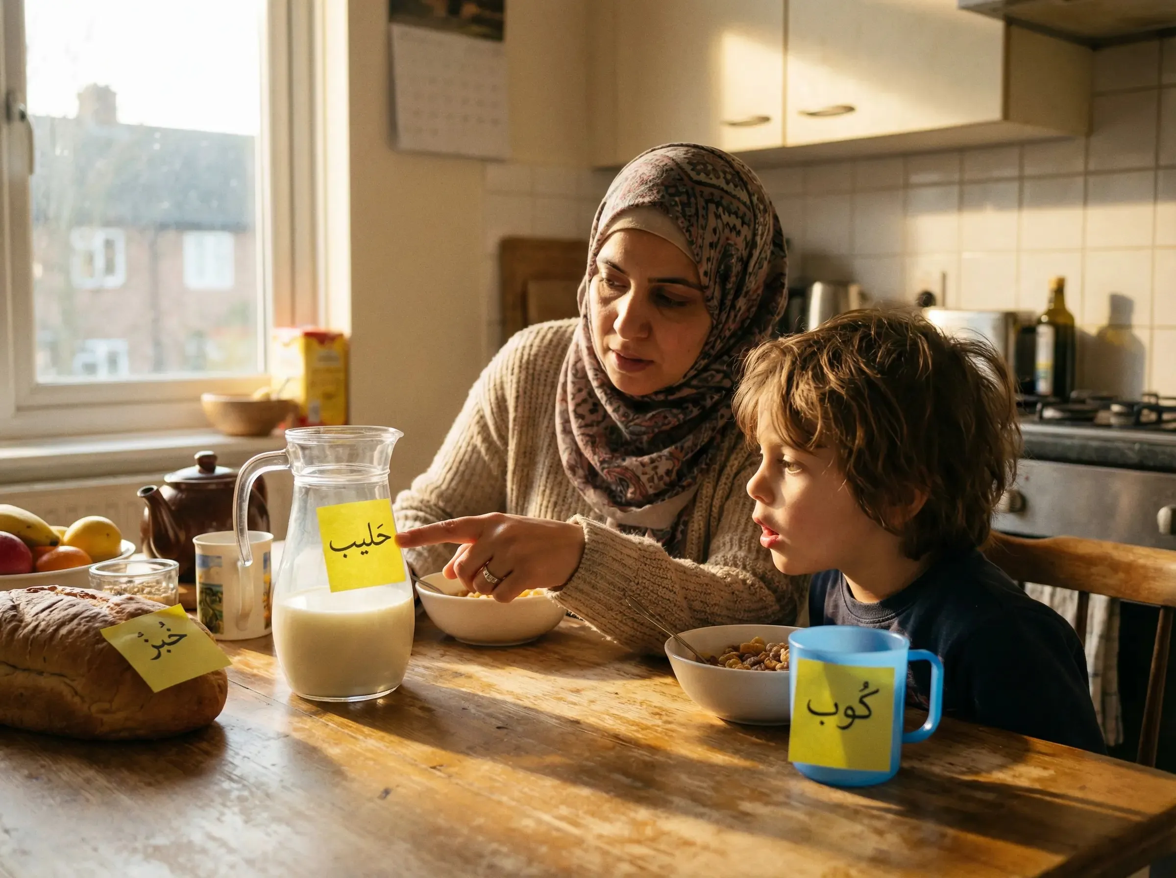 How to speak Arabic to kids - family using Arabic words during daily breakfast routine at home