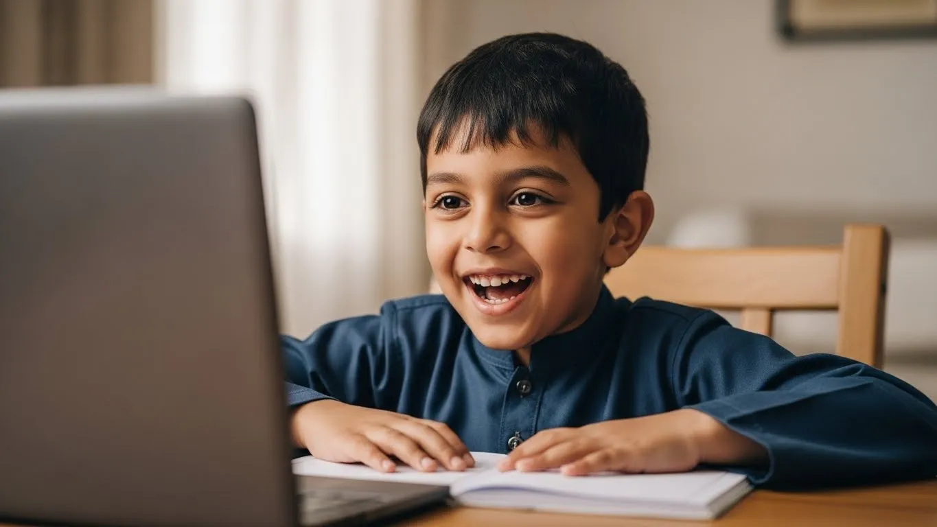 Happy Muslim child smiling during engaging online Islamic lessons for kids, showing joy of learning Quran and Islamic studies