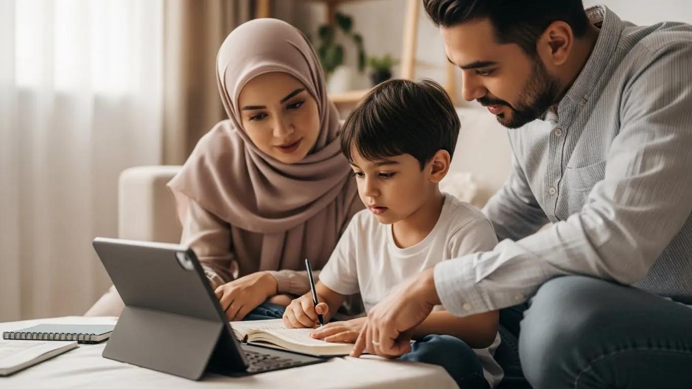 Muslim family creating supportive home environment for Islamic classes online, parent guiding child during Quran study session