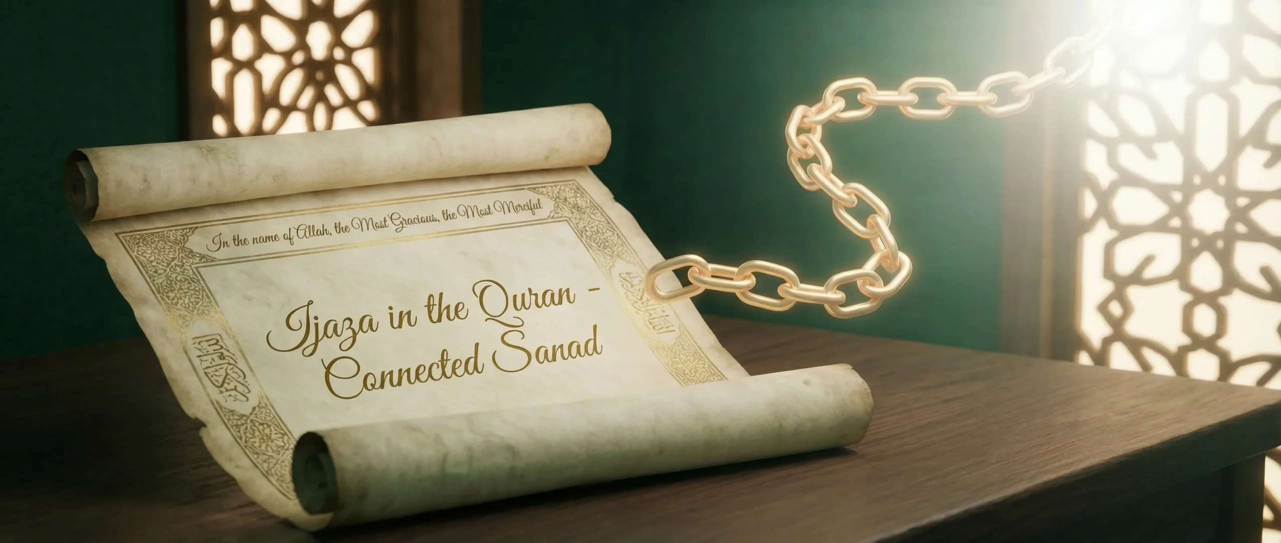 Ijaza in Quran certificate with golden sanad chain connecting to Prophet Muhammad