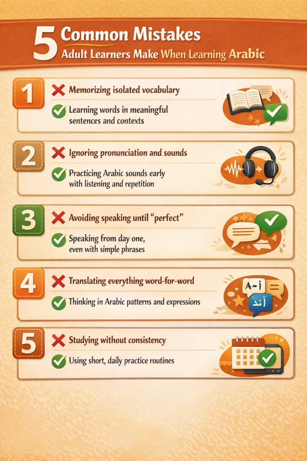 Common mistakes when learning Arabic skills for adult - what to avoid