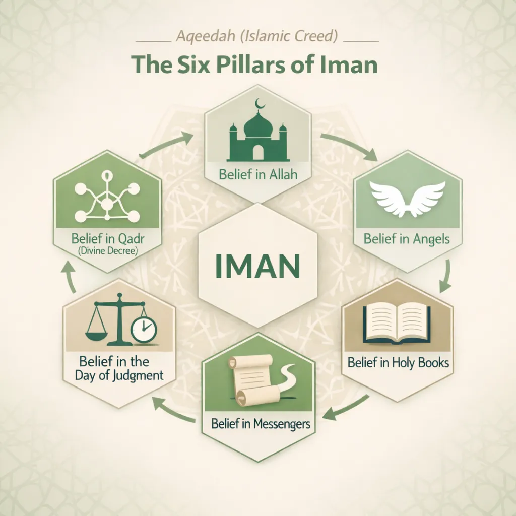 Aqeedah Islamic creed course showing six pillars of faith in online Islamic studies programs for adults