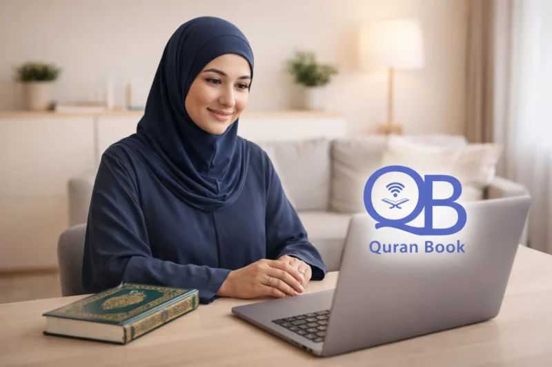 Muslim sister studying Islamic studies for sisters while reading the Quran at home