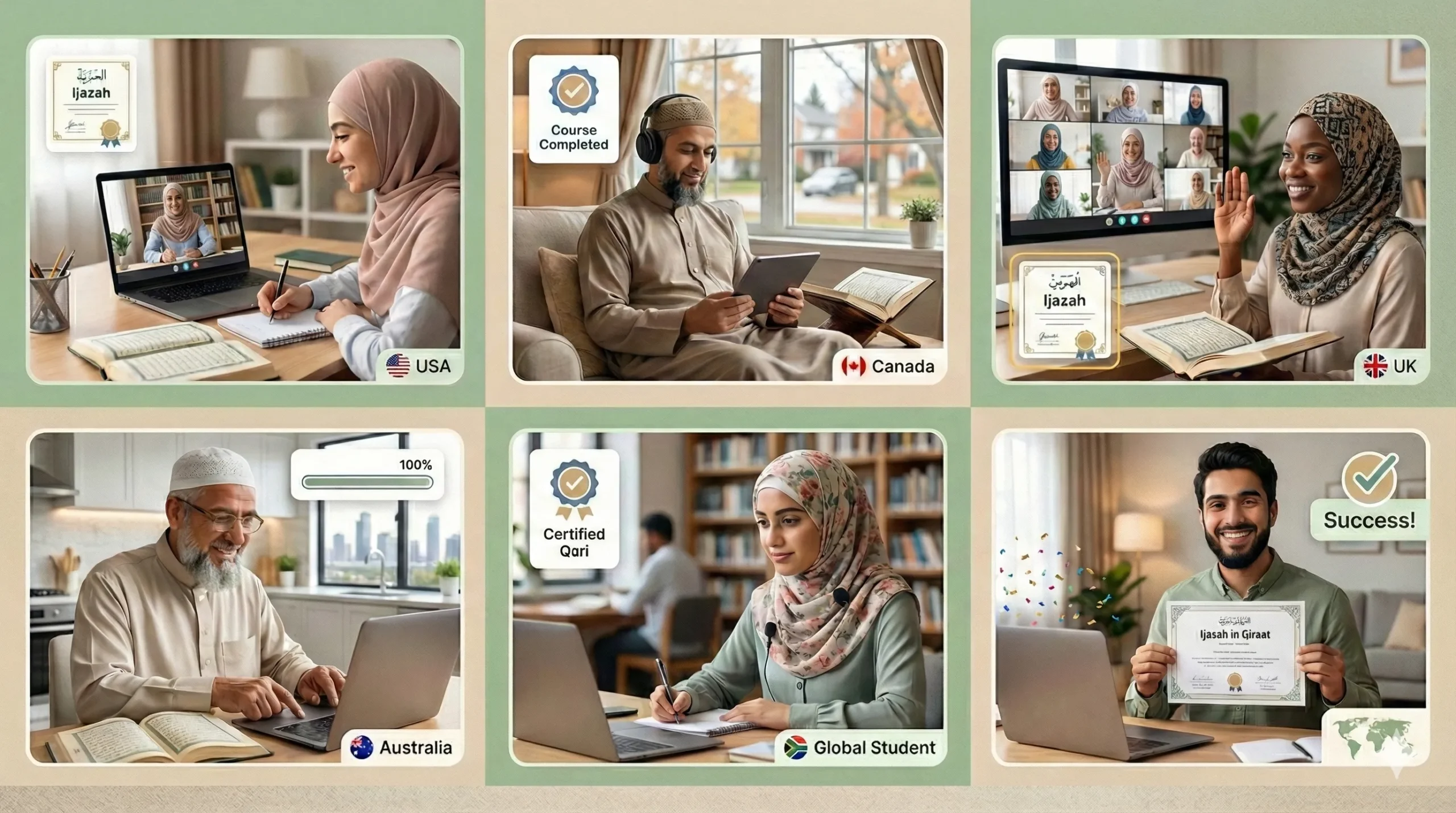 Diverse students from USA, Canada, UK learning qiraat course online with ijazah certification