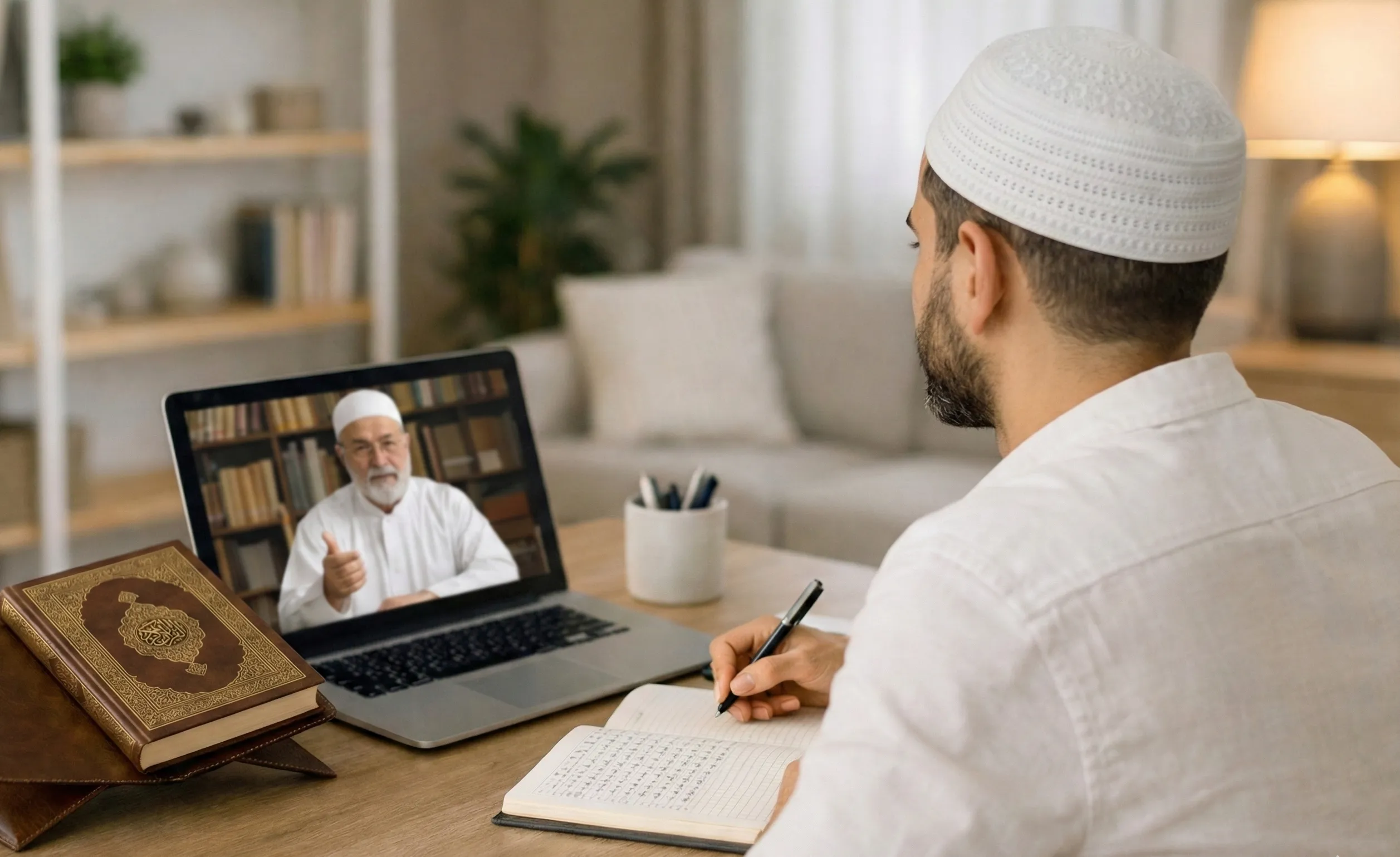 Adult Muslim Male taking online tafseer classes for adults on laptop at home