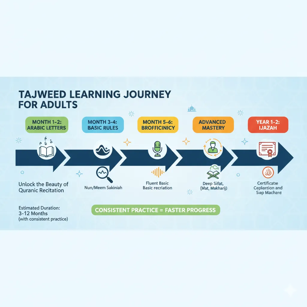 How long to learn tajweed for adults timeline infographic 3 to 12 months