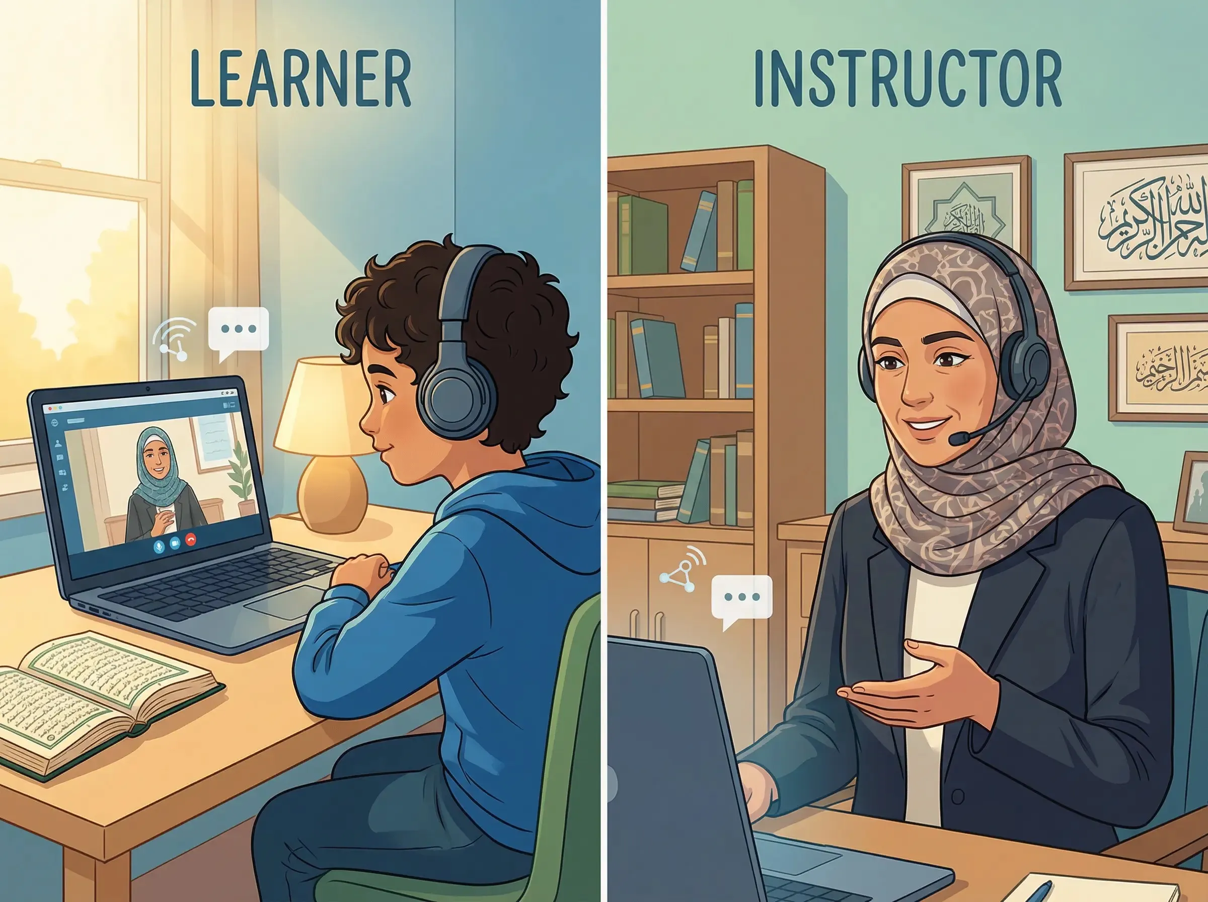 A child in a one-to-one online Tajweed lesson with a Quran Book Academy teacher