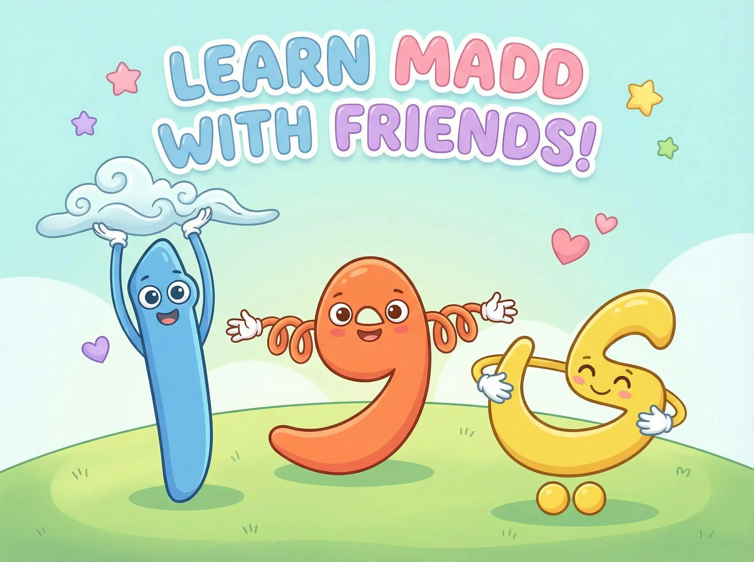Madd lengthening in Tajweed illustrated for children with alif, waw and ya