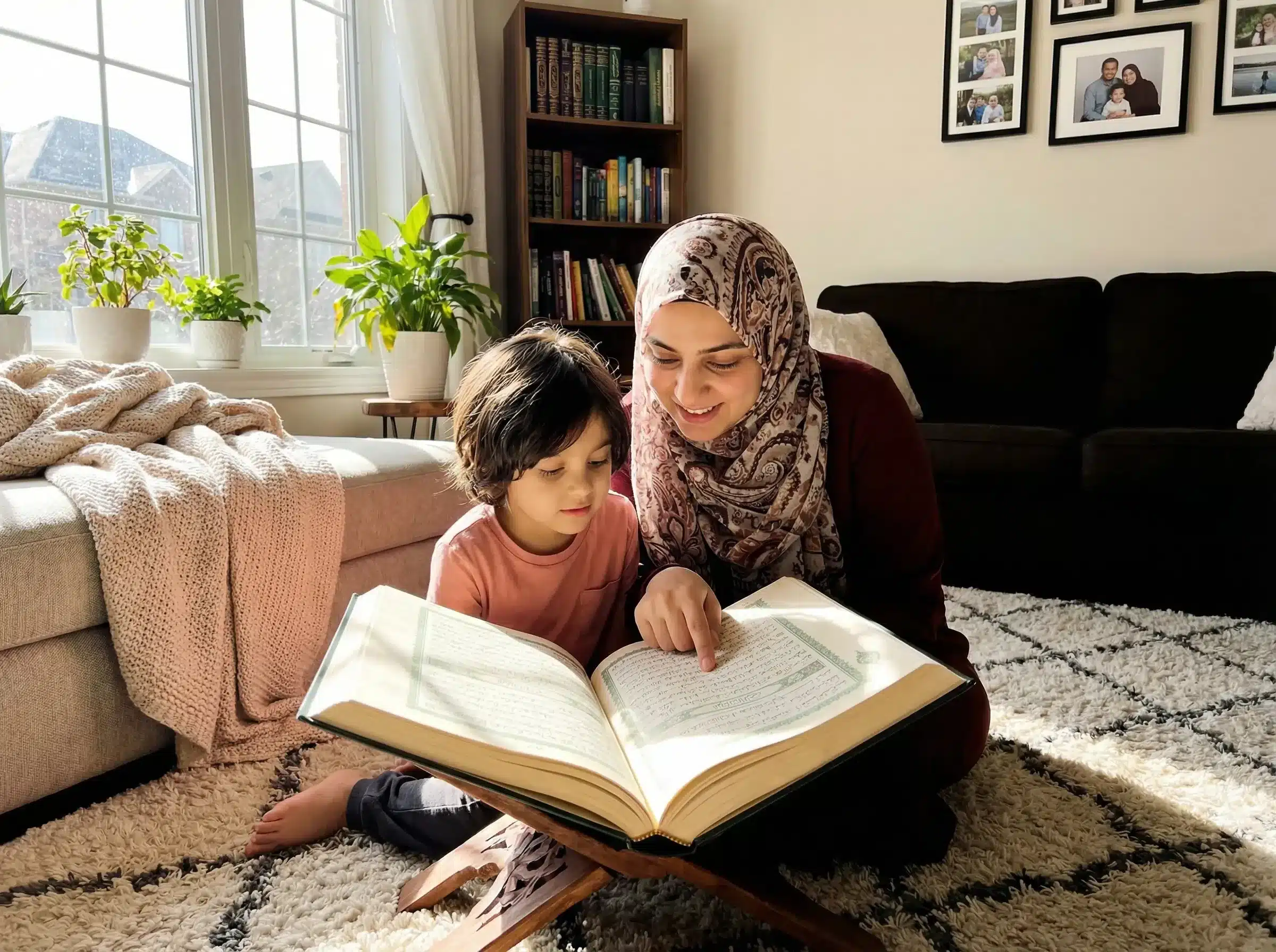 Tajweed for kids - young child learning Quran recitation with parent at home