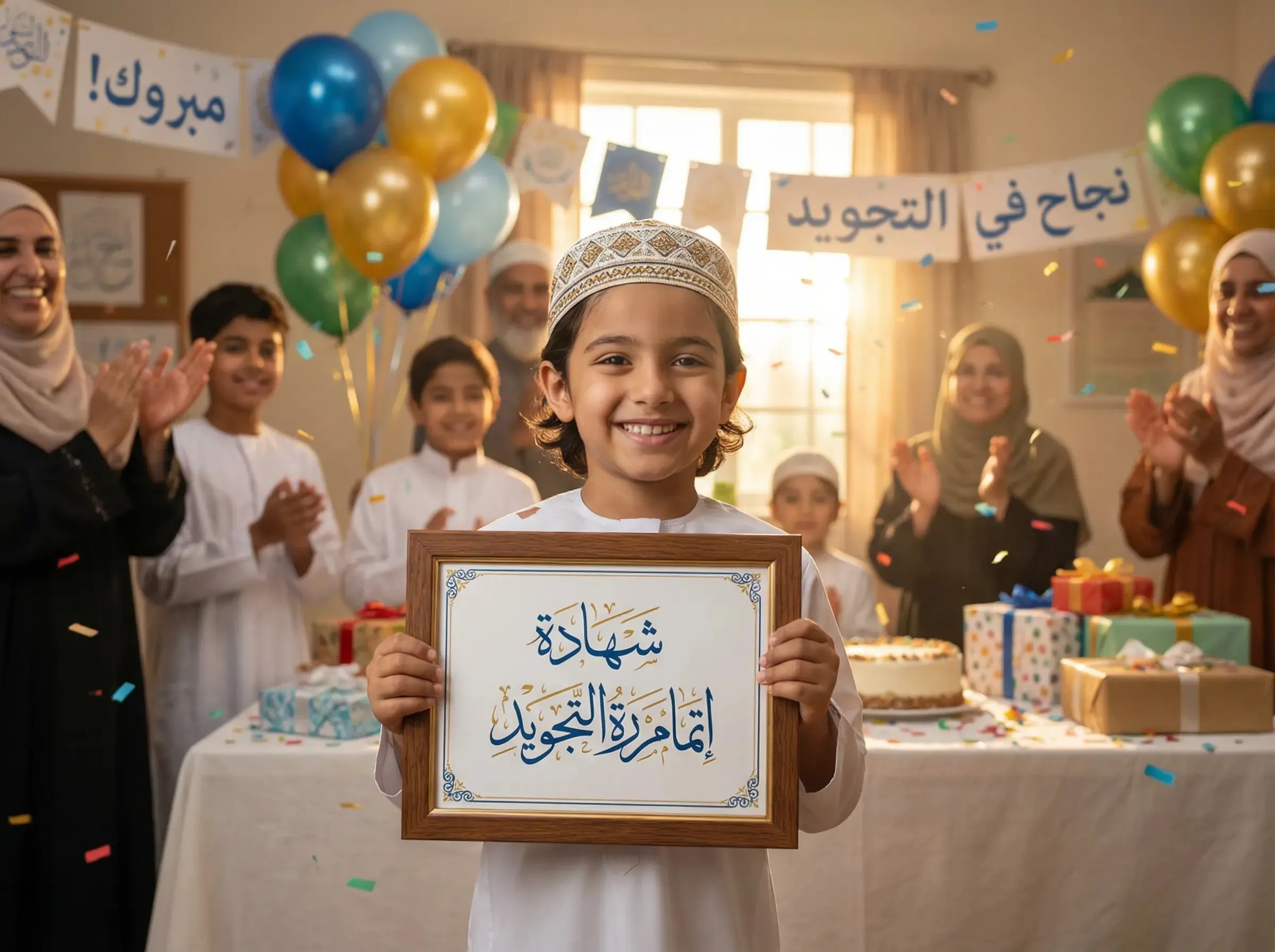 Tajweed for kids success - happy child celebrating Quran course completion with certificate
