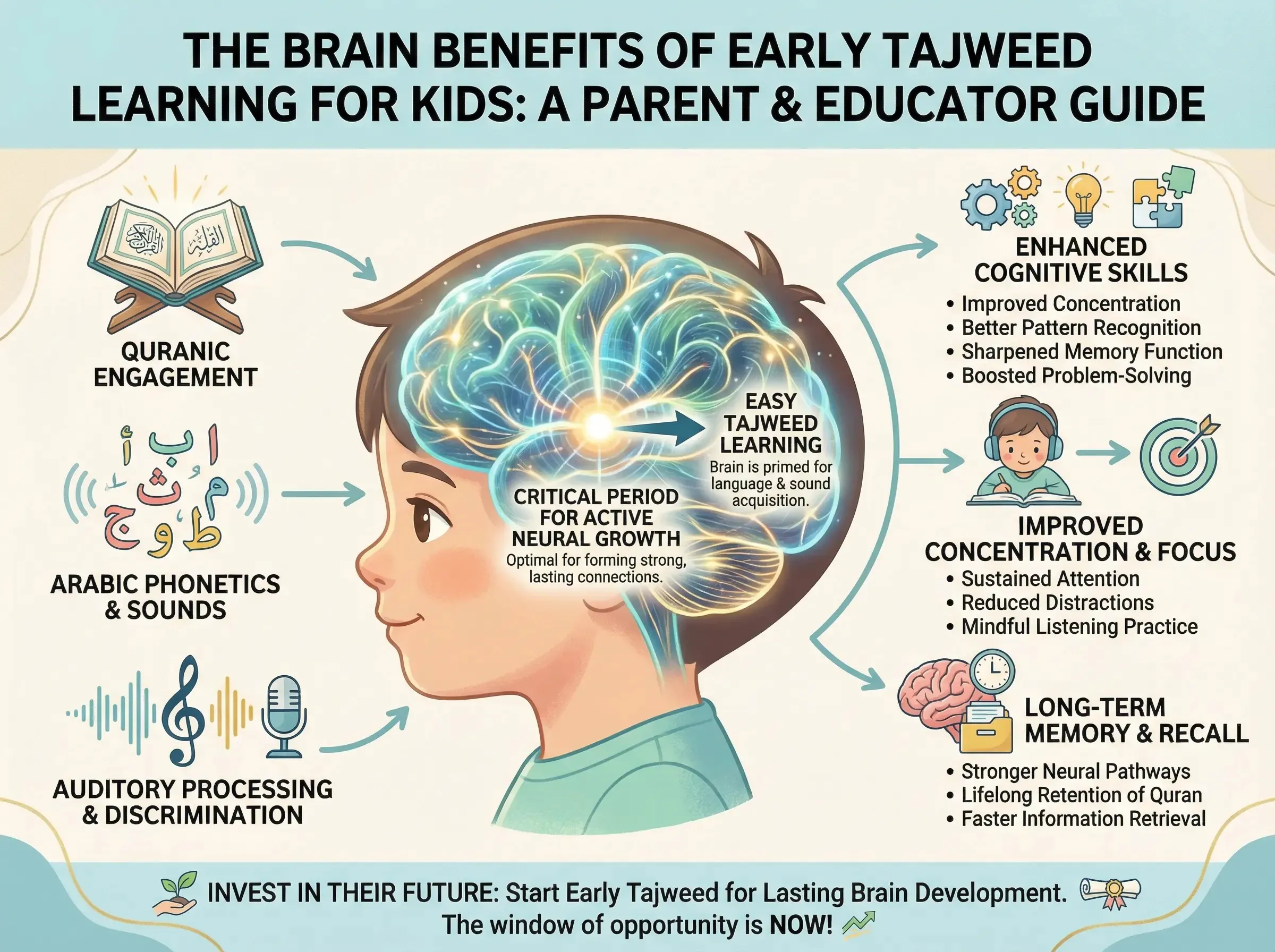 Tajweed beginners benefit from early learning - child brain neural development illustration
