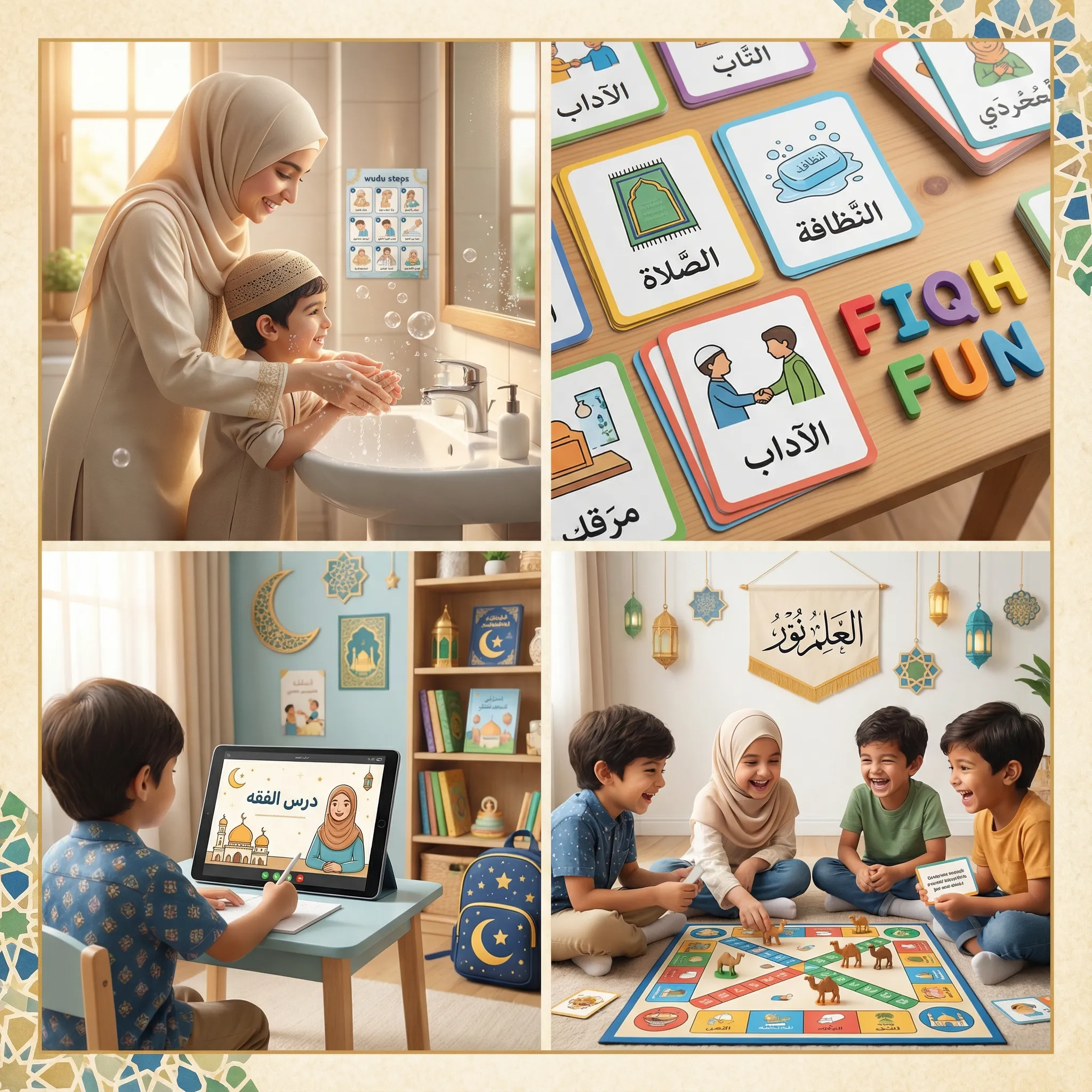 Interactive methods for teaching fiqh to children including visual aids and games