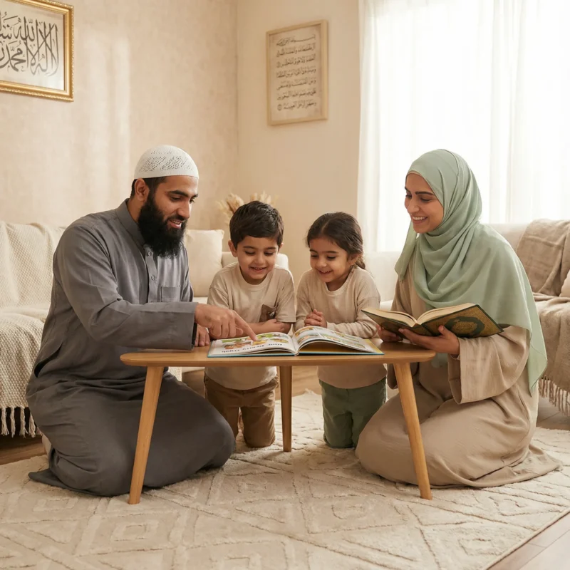Muslim family joining online Quran classes from home using a laptop