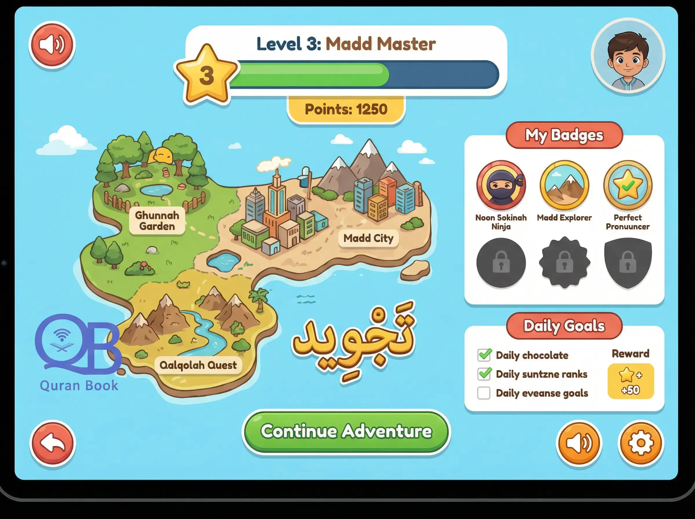 Tajweed for kids gamified learning interface with badges and progress tracking
