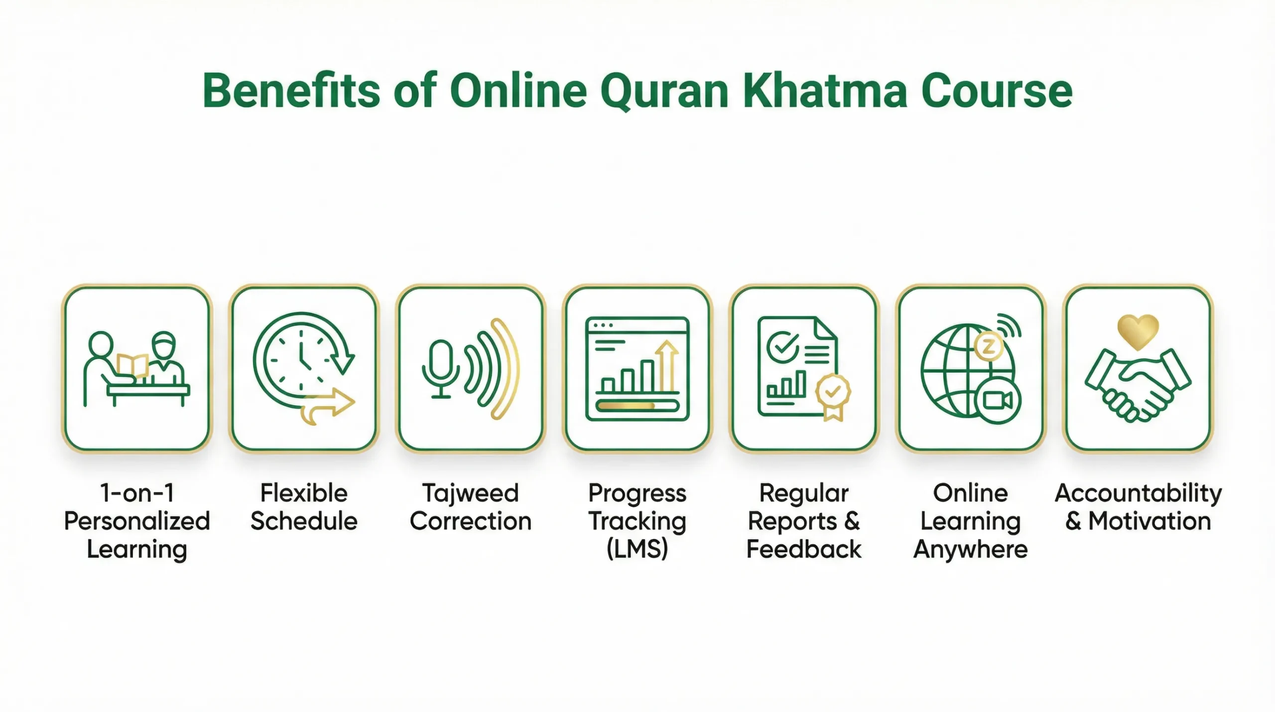 7 benefits of online Quran Khatma course including personalized learning, flexible schedule, Tajweed correction, and progress tracking