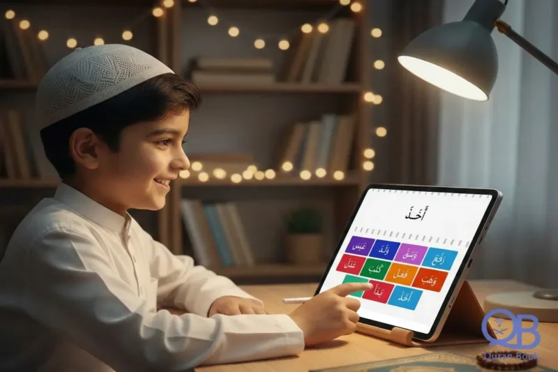Young boy learning the Arabic alphabet and Quran reading fundamentals (Noorani Qaida method) during a one-on-one online class.