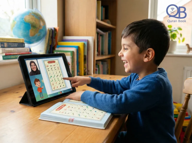 Young boy learning the Arabic alphabet and Quran reading fundamentals ( Nour El Bayan method) during a one-on-one online class.