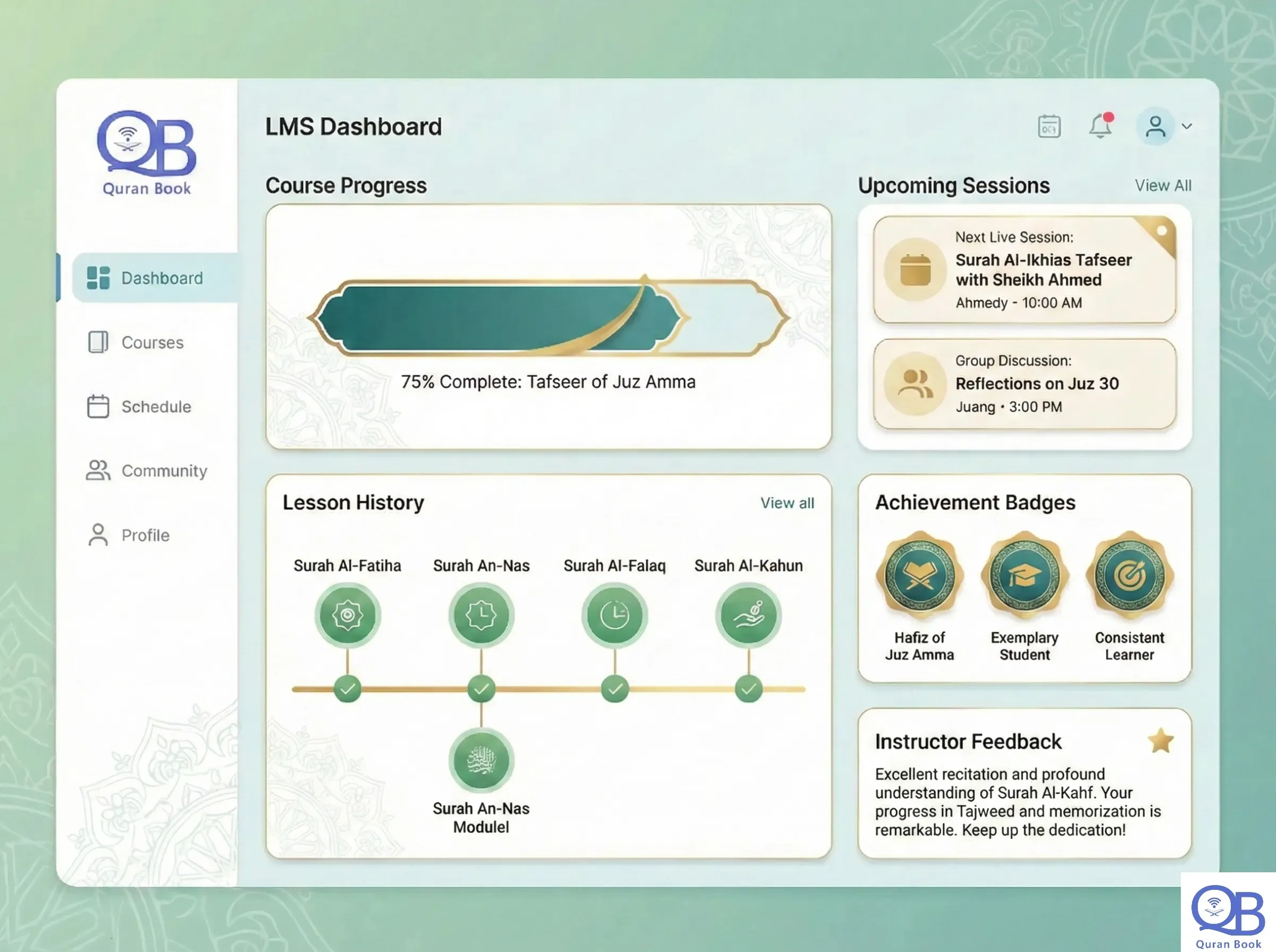Quran Book Academy learning management system dashboard for online tafseer classes tracking