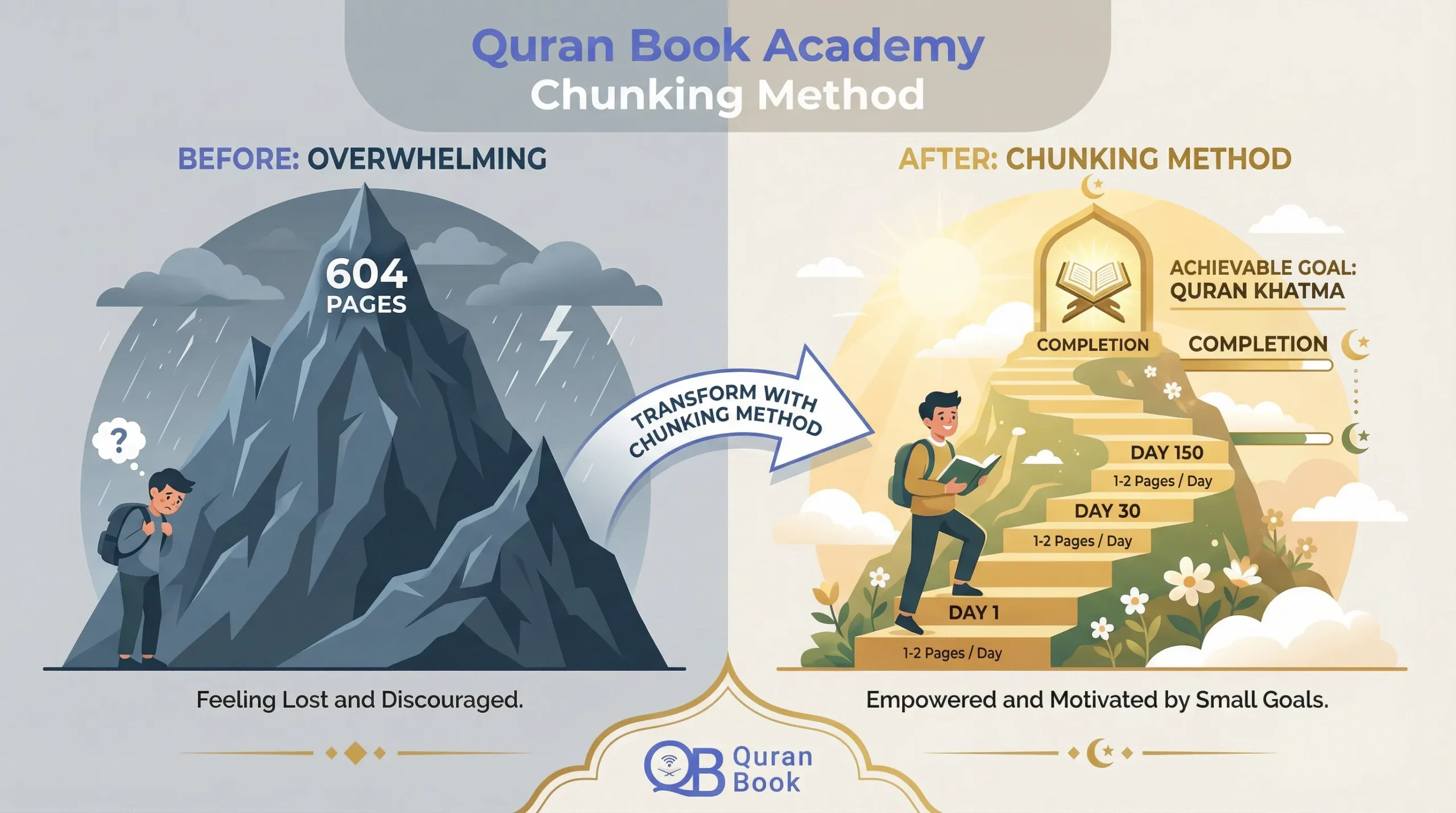 Quran Book Academy Chunking Method for online Quran Khatma course - Breaking Quran completion into manageable daily goals of 1-2 pages