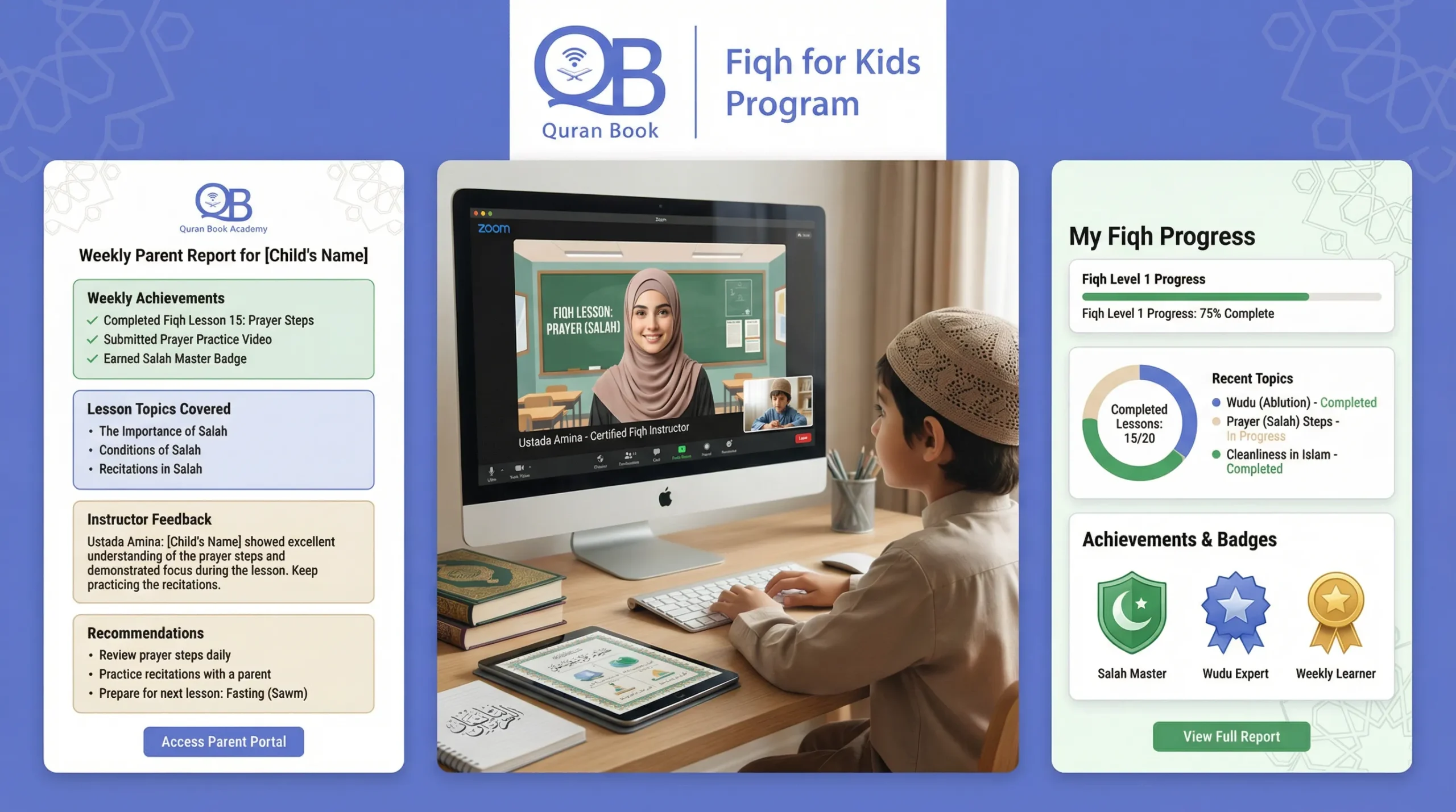 Quran Book Academy fiqh for kids online program with LMS dashboard and certified instructors