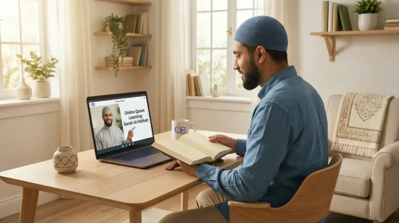 Learn Quran for beginners - Muslim student reading Quran with teacher guidance