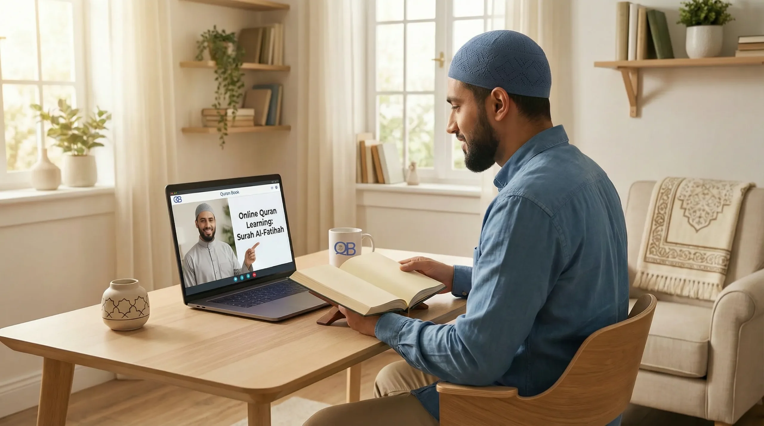 Learn Quran for beginners - Muslim student reading Quran with teacher guidance