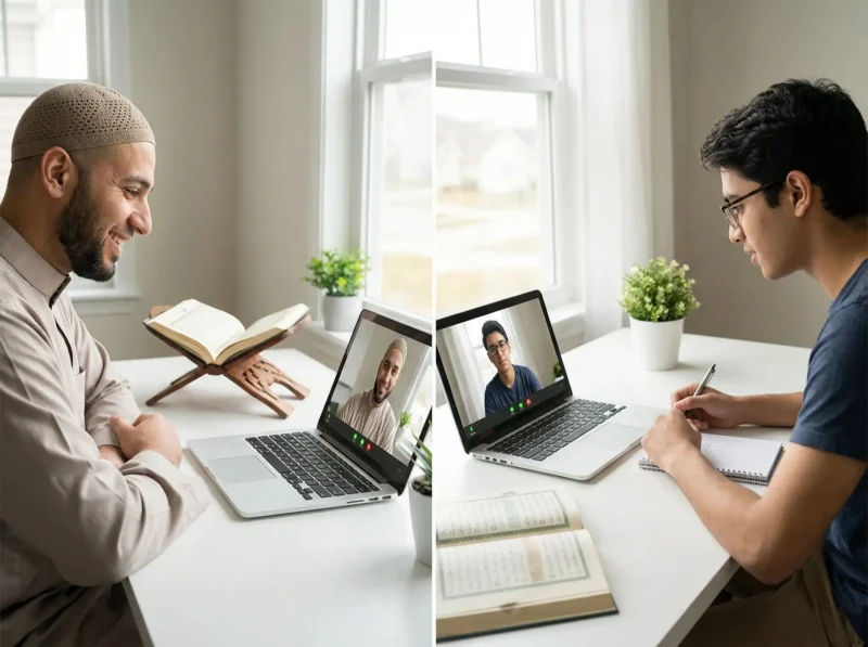 Online Quran teacher helping adult student learn to read Quran via Zoom session