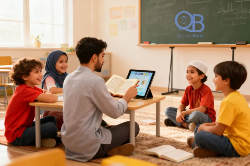 Children in a bright classroom are actively learning Tajweed from a teacher who uses a digital board to illustrate the pronunciation points of Arabic letters. The atmosphere is lively and engaging, with the “Quran Book” logo clearly displayed on the board. Shelves filled with Quranic books form the backdrop, promoting a positive and interactive educational environment.