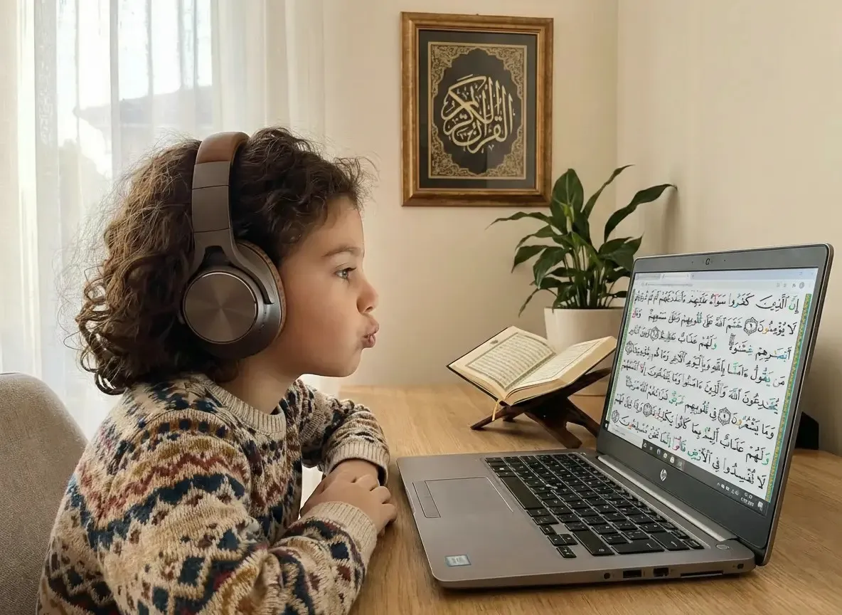 Online tajweed course for kids - child practicing Quran recitation with headphones