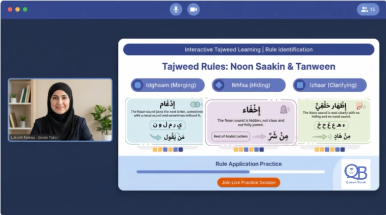 Quran Book Academy LMS dashboard showing student Tajweed progress tracking