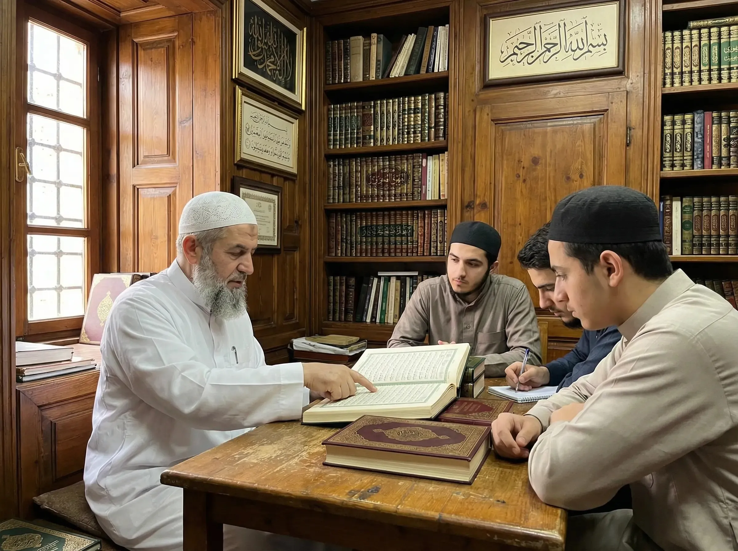 Islamic scholar teaching tajweed rules showing obligatory vs recommended levels