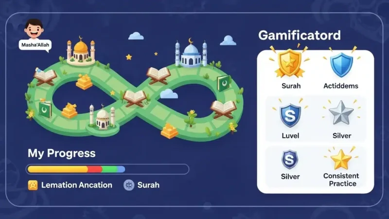 Gamified learning progress map for kids Quran lessons