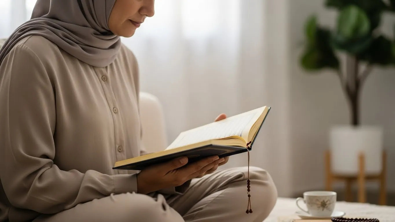 Learn Quran reading for adults - adult learner reading Quran at home with peaceful setting