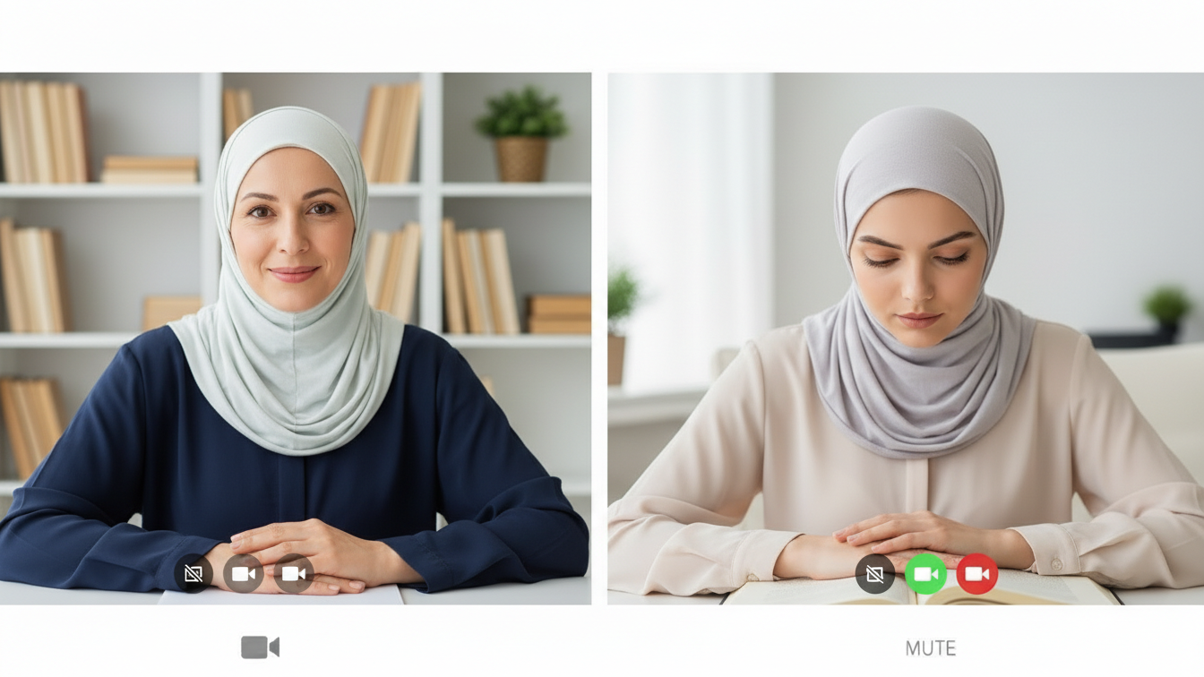 Student practicing Quran recitation with tajweed teacher giving feedback online